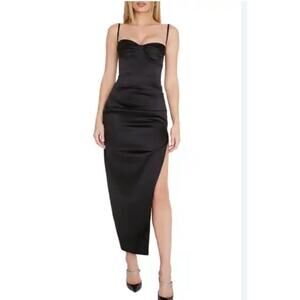 HOUSE OF CB Flora Black Satin Pleated Corset Midi Dress Small $285 Retail Price